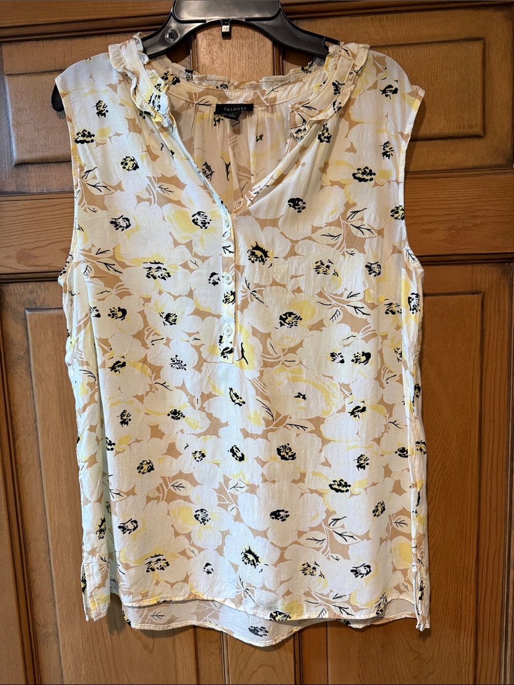 Talbots Cream & Yellow Floral Ruffle V-Neck Sleeveless Top